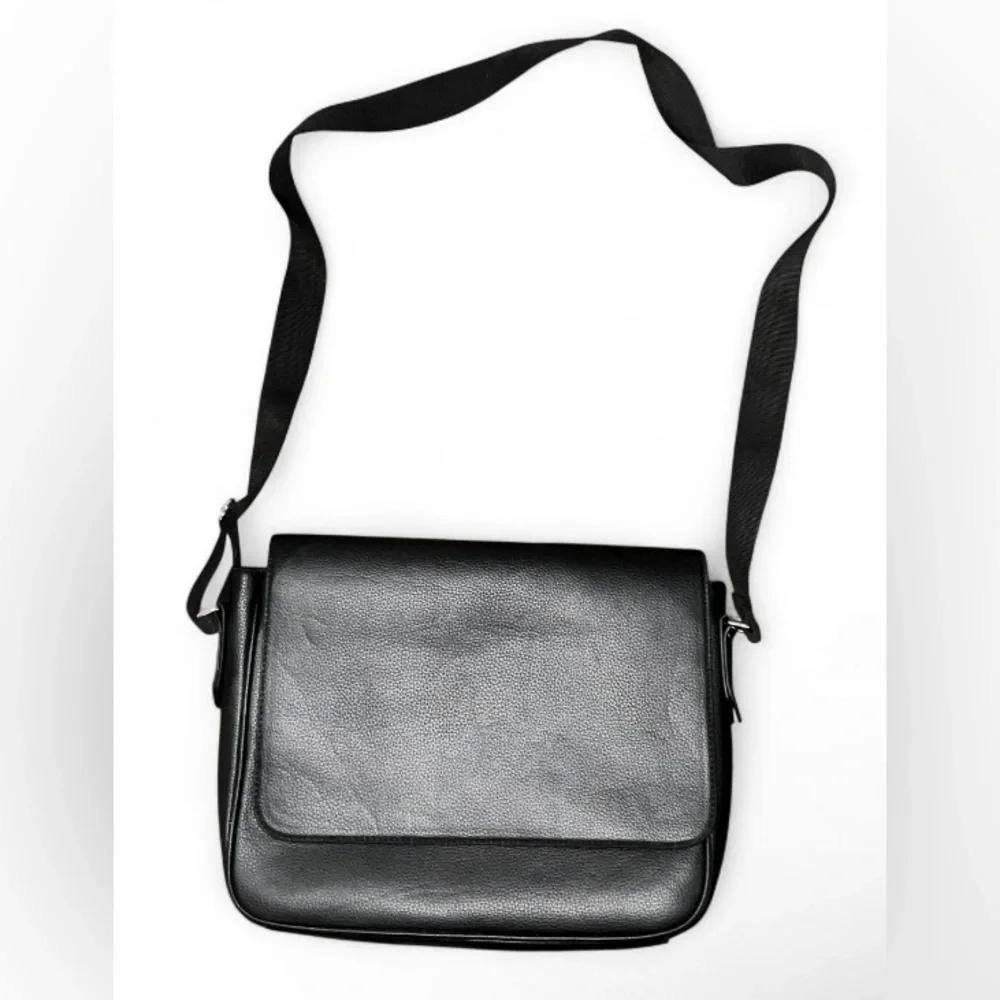 H&M Black Faux Leather Messenger Bag Metal Slider Buckle Crossbody Satchel